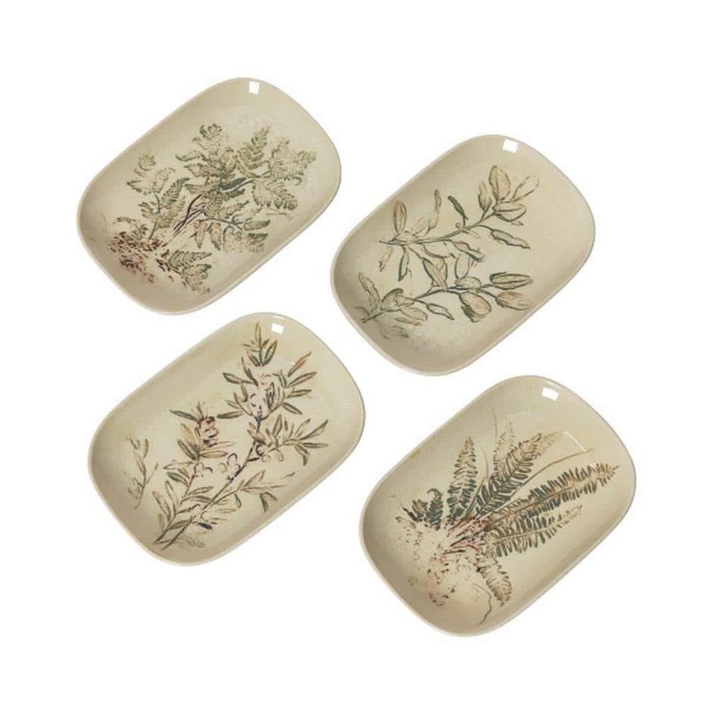 Creative Co-Op Debossed Stoneware Dish, Cream and Green Reactive Glaze, Set of 4 Styles