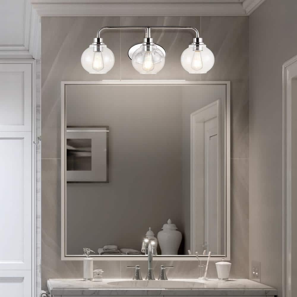 JONATHAN Y JYL7528B Sandrine 26.25" 3-Light Iron/Seeded Glass Cottage Rustic LED Vanity Light Classic 2700K LED 4W Bulbs Entryway Lobby Kitchen Bathroom Bedroom Living Room Hallway, Chrome