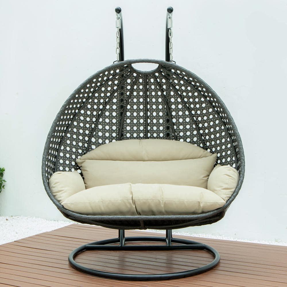 LeisureMod Charcoal Rattan Wicker Double 2 Person Egg Swing Chair with Stand, Taupe Cushion