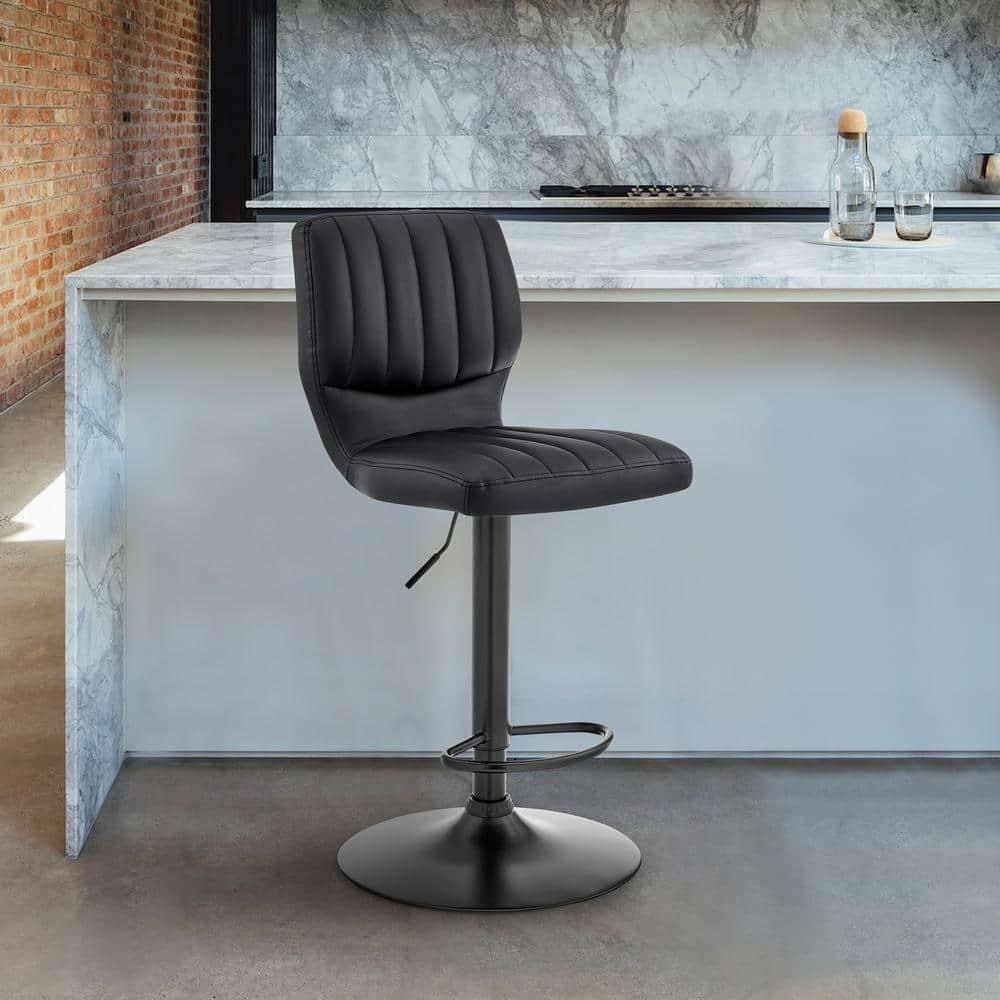 Bardot Adjustable Barstool with Faux Leather and Metal Finish Black - Armen Living: Swivel, Hydraulic Lift, 360-Degree Function