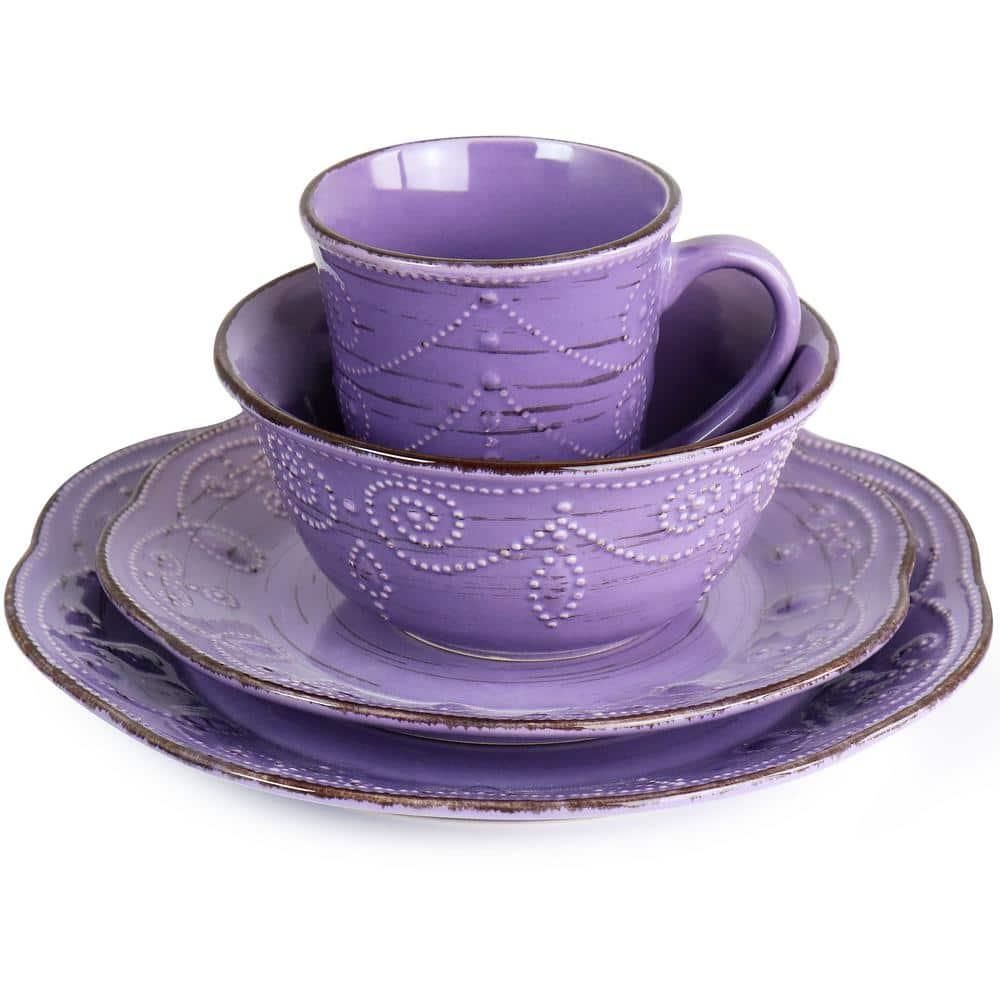 Elama Rustic Birch 16 Piece Stoneware Dinnerware Set in Purple