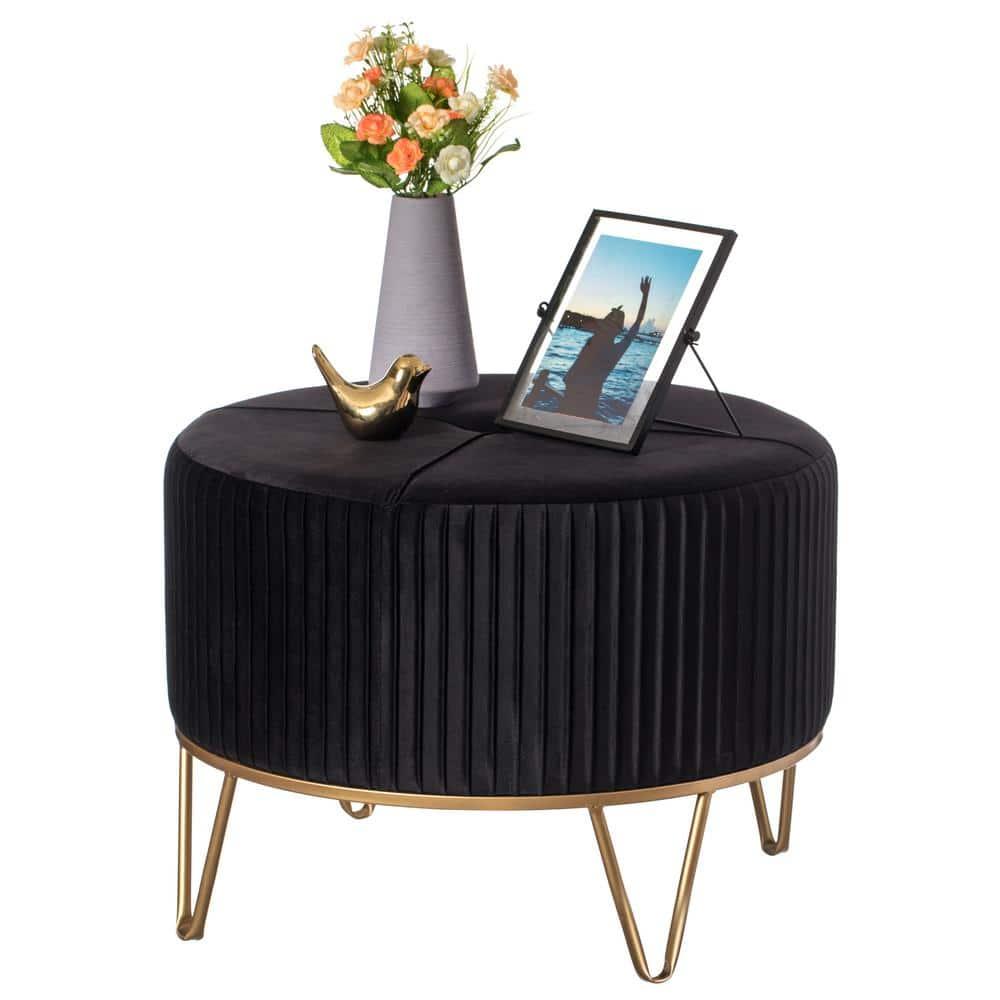 Fabulaxe Round Velvet Ottoman Stool Raised with Hairpin Gold Base, Black, Large