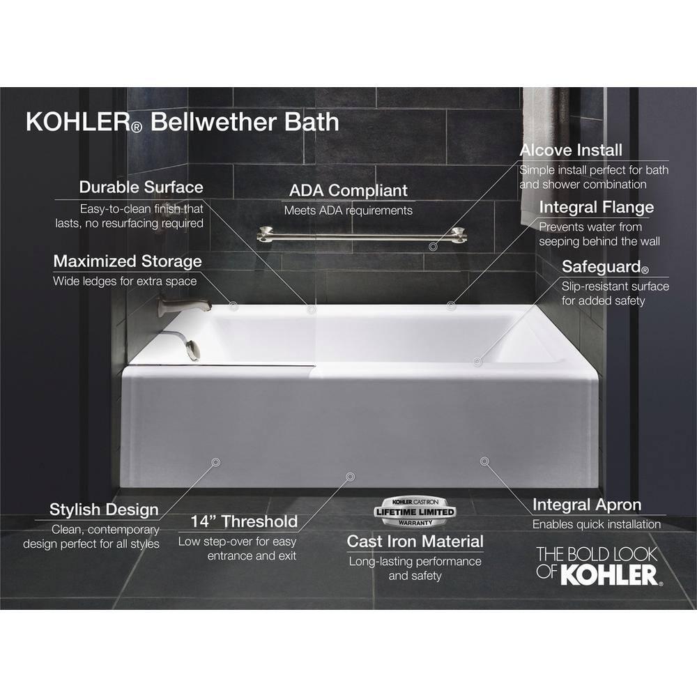 Kohler Avec 60 In. X 32 In. Alcove Bath, Right Drain K-25831-RA-0