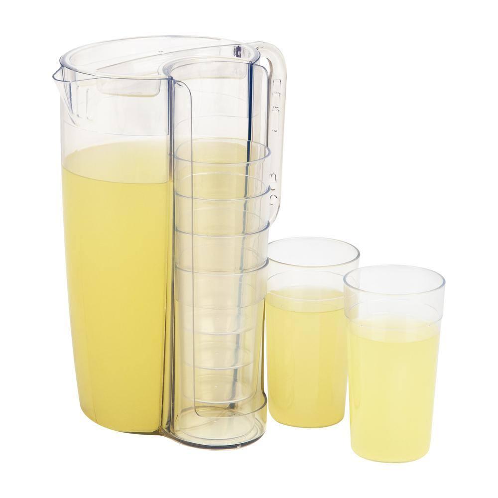 Mind Reader Pitcher and Cup Set, 8 Cups, Drink Pitcher with Lid, Glass Storage, Serving Set, 6.5"L x 6.5"W x 10.5"H, Clear