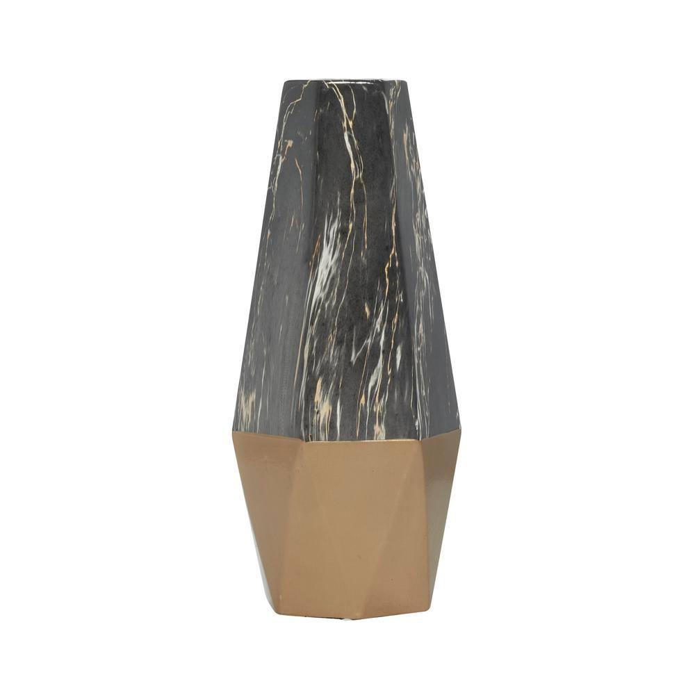 Mercer41 Bhavya Ceramic Faux Marble Decorative Dark Gray Vase with Gold Base