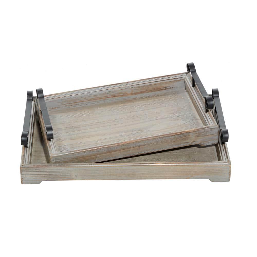 DecMode 20", 17"W Beige Wood  Tray with Metal Handles, 2-Pieces