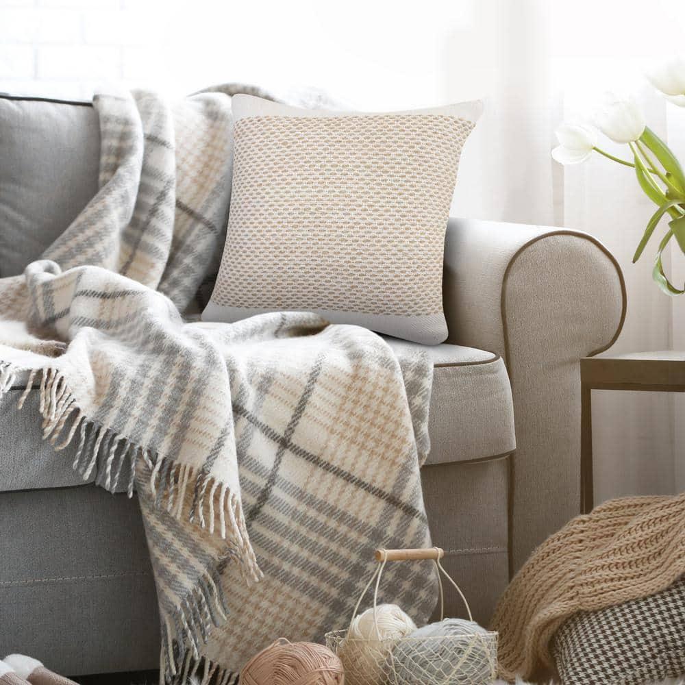 LR Home Rin Bordered Farmhouse Cotton Throw Pillows, Natural/White, 20" x 20", Set of 2