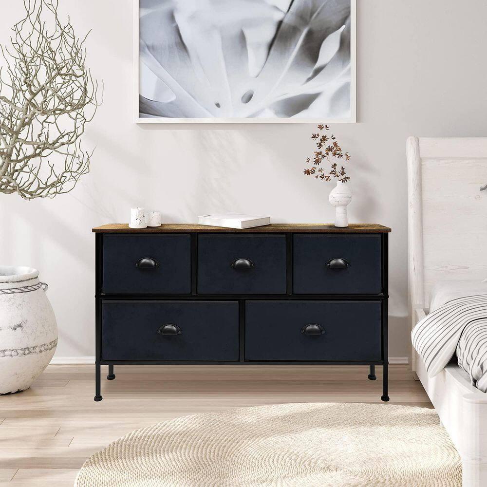 Sorbus Sorbus Dresser with 5 Drawers with Steel Frame, Wood Tops, and Fabric Bins in Black with Wood Top