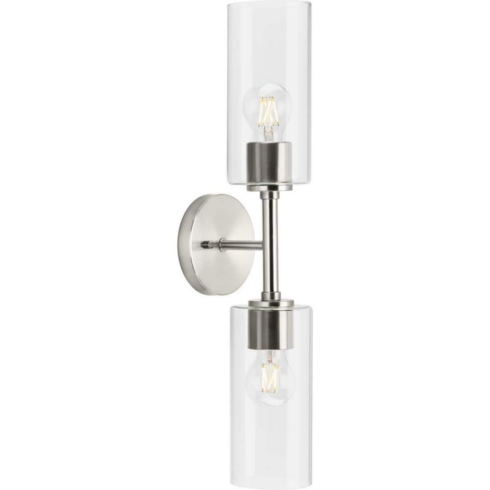 Progress Lighting Cofield 2-Light Wall Bracket, Brushed Nickel, Cylindrical Glass Shade