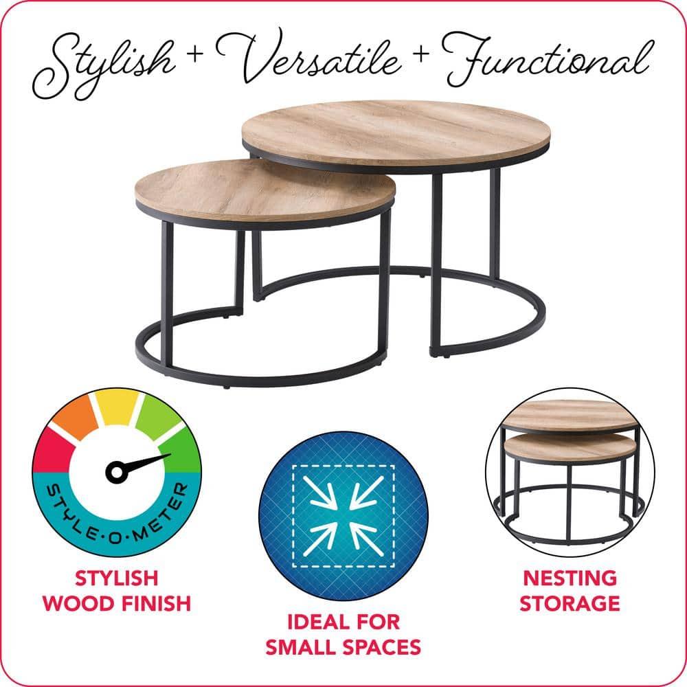 Set of 2 Wood Grain Finish Forth Worth Round Nesting Coffee Table Light Brown - CorLiving: Metal Legs, Small Space Design