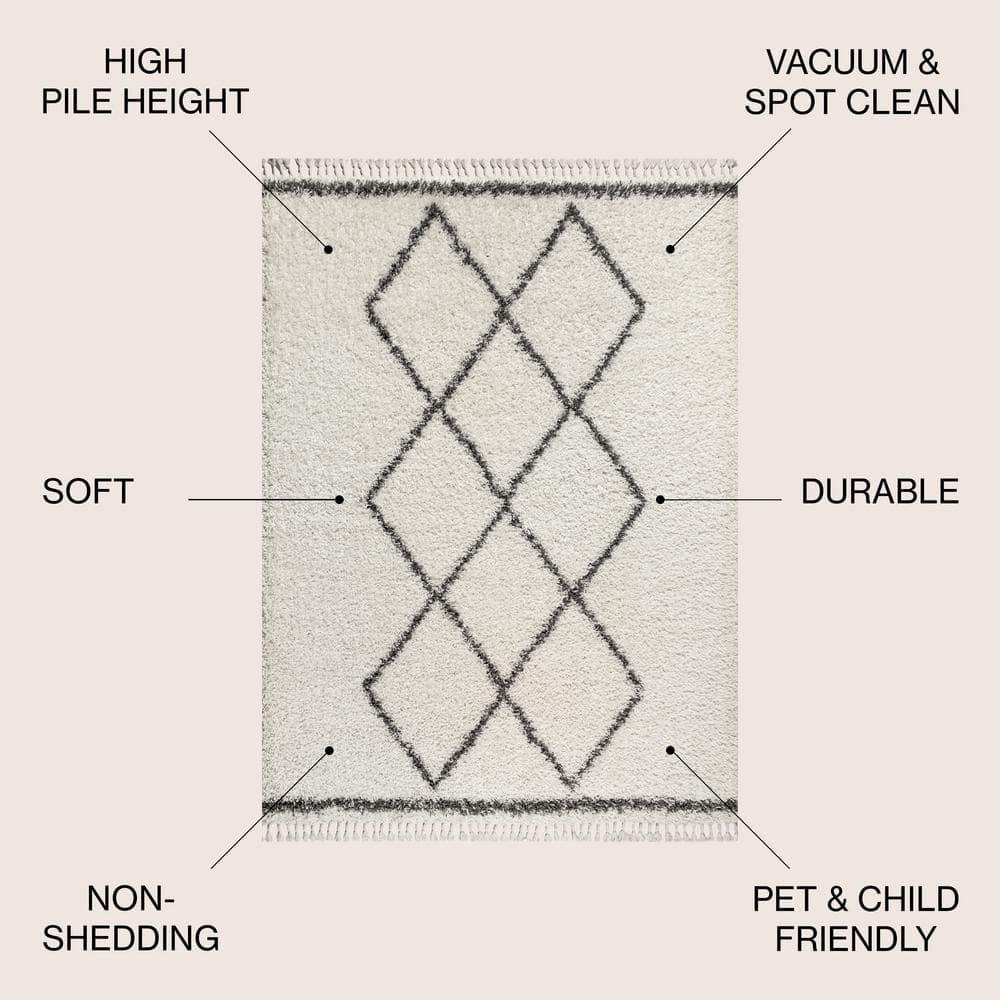 5'x8' Mercer Shag Plush Tassel Moroccan Geometric Trellis Area Rug, Cream/Grey - JONATHAN Y