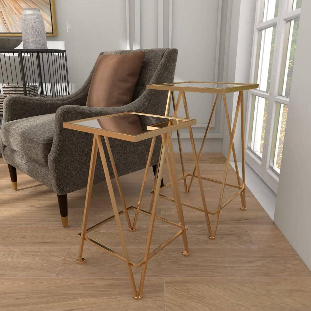 DecMode 15" x 26" Gold Metal Accent Table with Mirrored Glass Top, 2-Pieces