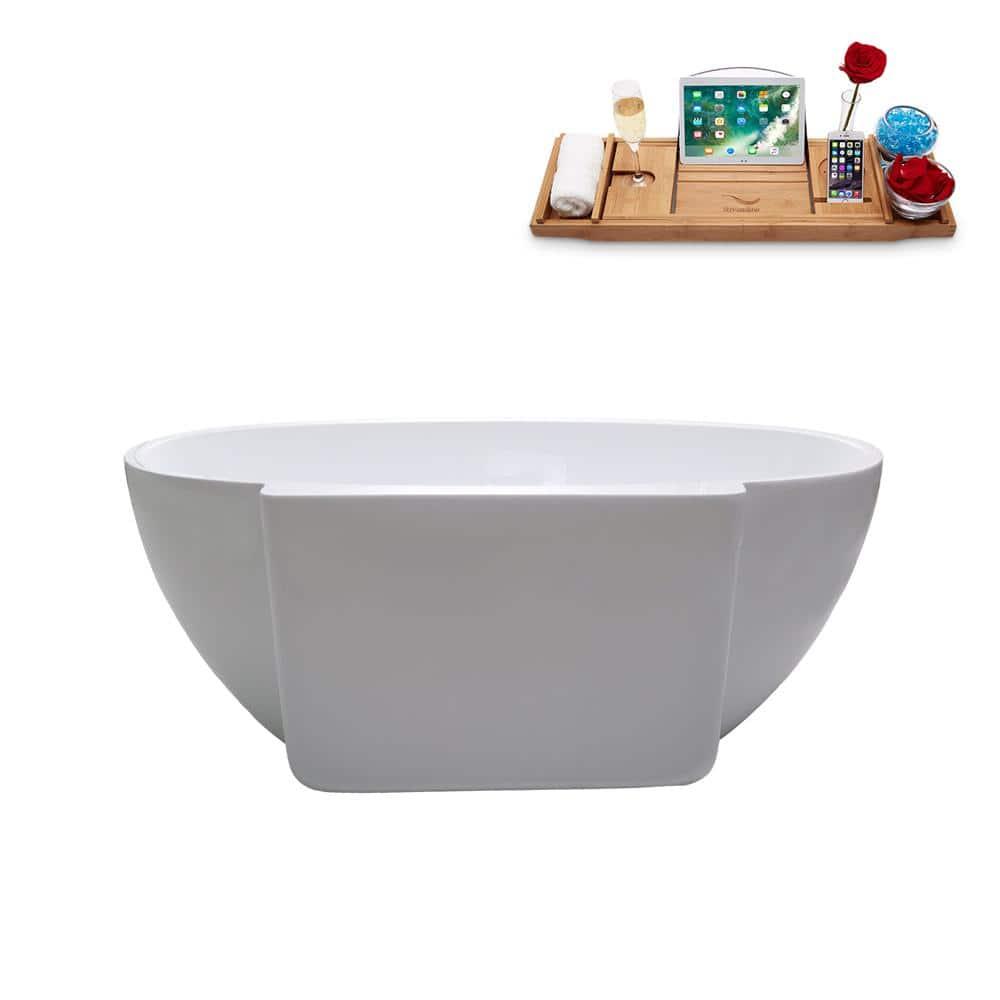 59" Streamline Freestanding Soaking Acrylic Bathtub With Drain and Bamboo Tray