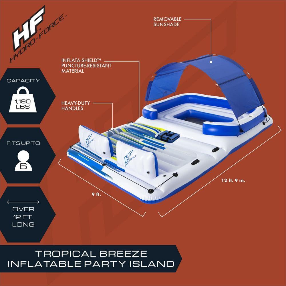Bestway Hydro-Force Tropical Breeze 6 Person Inflatable Floating Party Island, Water Float Lounger with 6 Cup Holders, Backrests, and Sun Shade