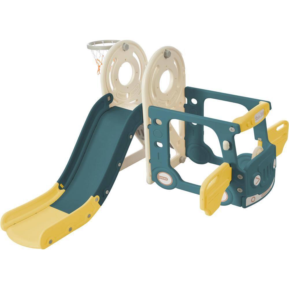 Gzxs Toddler Slide and Swing, Bus Playhouse Freestanding Baby Slide Playset with Basketball Hoop for Indoor Outdoor Backyard Playground (Yellow Bus Slide)