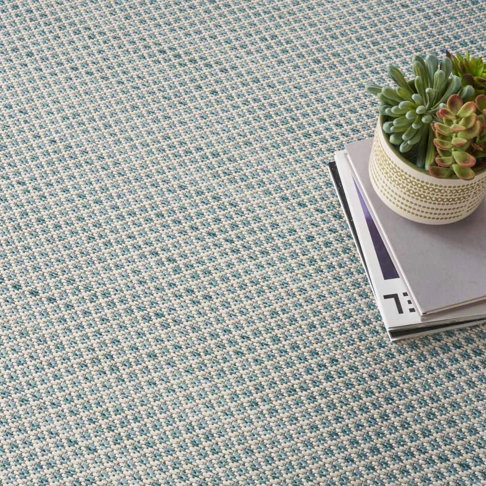 Nourison 6' x 6' Courtyard Modern Easy Care Flatweave Indoor Outdoor Square Rug Ivory/Aqua