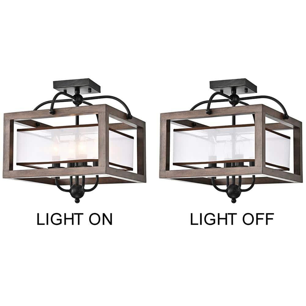 The Lighting Store Alina Antique Black Metal Natural Wood Flush Mount with Fabric Shade