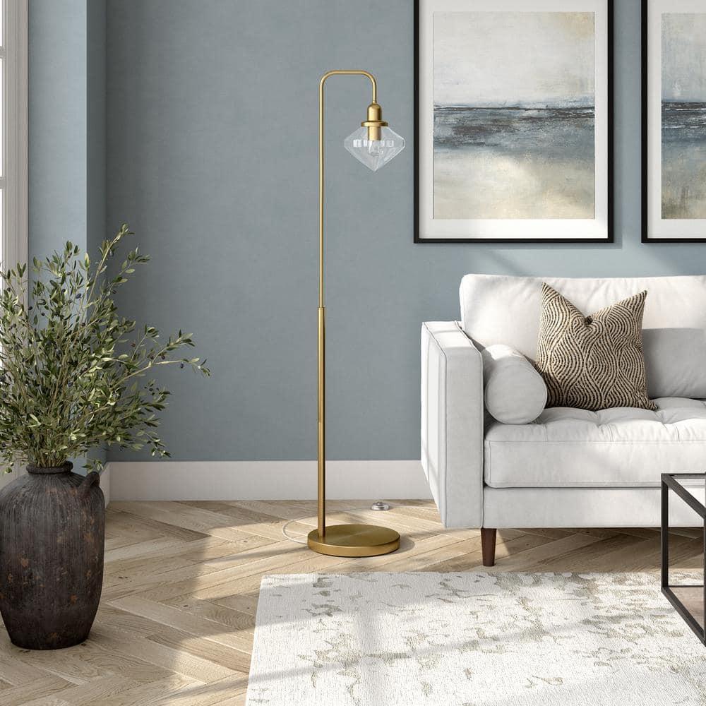 Evelyn&Zoe Zariza Arc Floor Lamp with Glass Shade, Brass/Clear