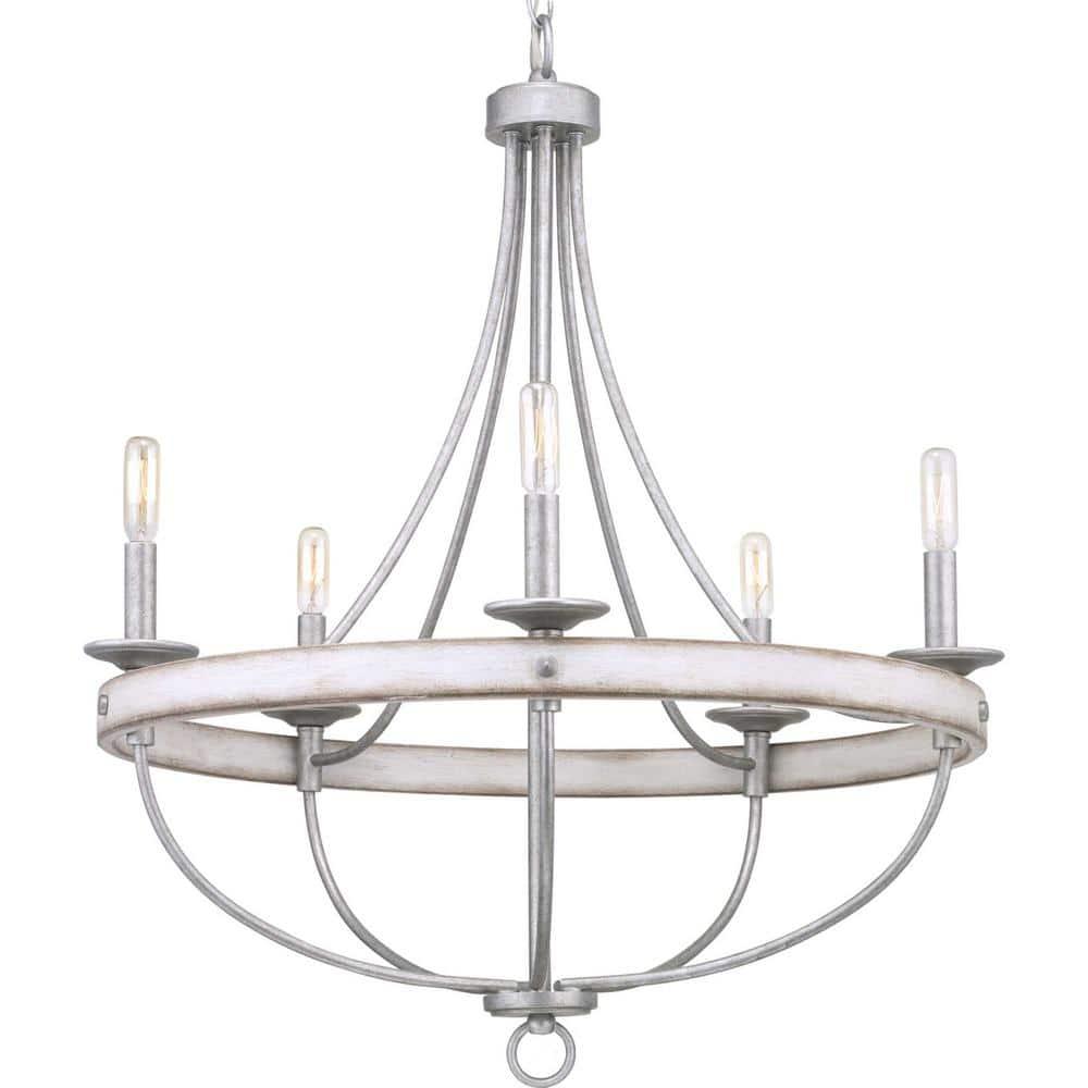 Progress Lighting Gulliver 5-Light Chandelier, Galvanized Finish, Wood Grained Texture Shade