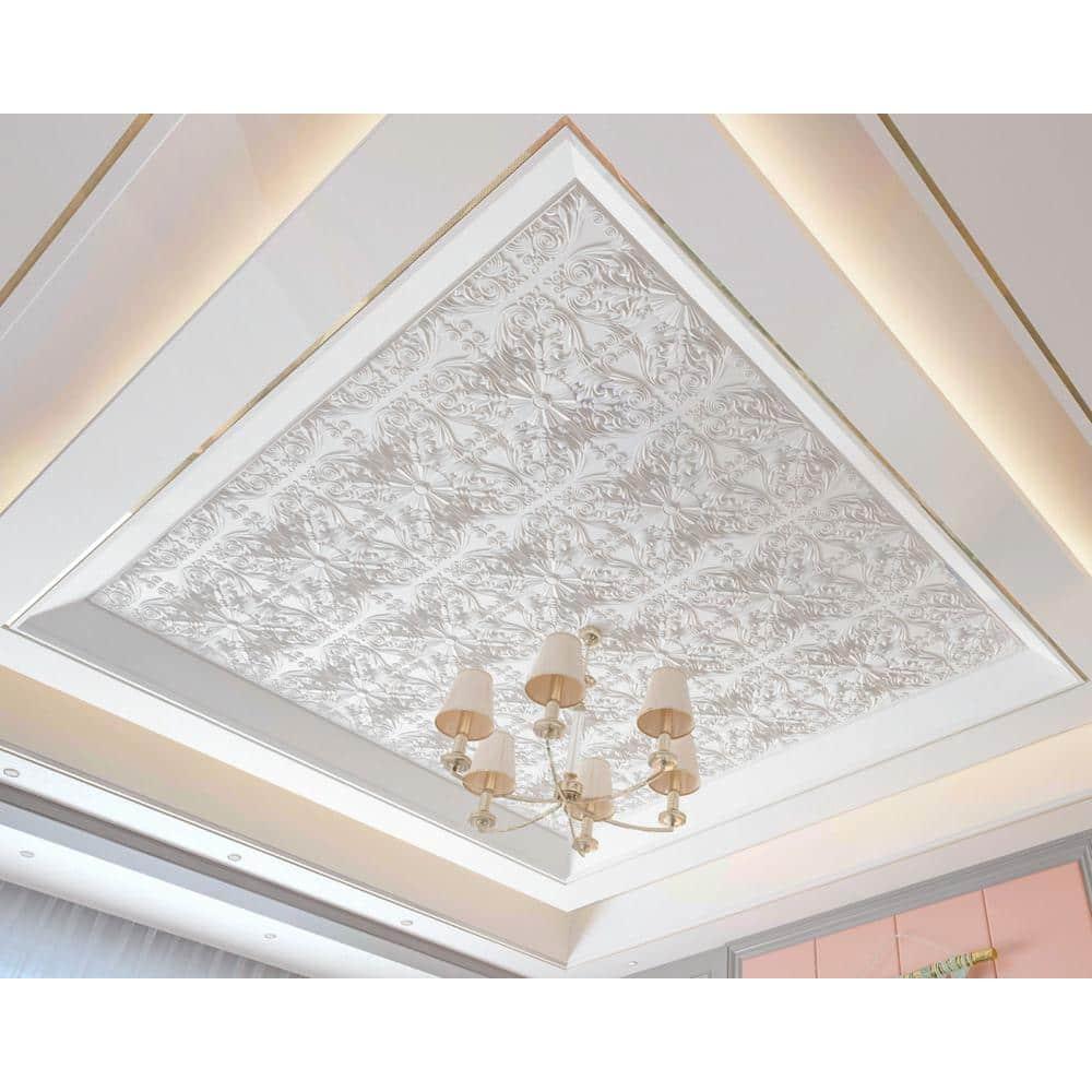 Art3d Art3d Decorative Ceiling Tile 2x2 Glue up, Lay in Ceiling Tile 24x24 Pack of 12pcs Spanish Floral in Matt White