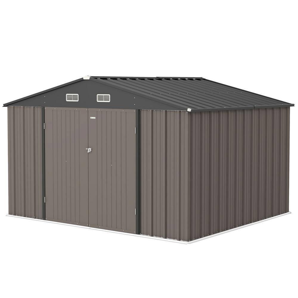 Patiowell 10' x 8' Outdoor Storage Shed with Floor Frame Kit, Metal Garden Tool Shed with Design of Lockable Doors, Utility and Tool Storage for Garden, Backyard, Patio, and Outside Use, Brown