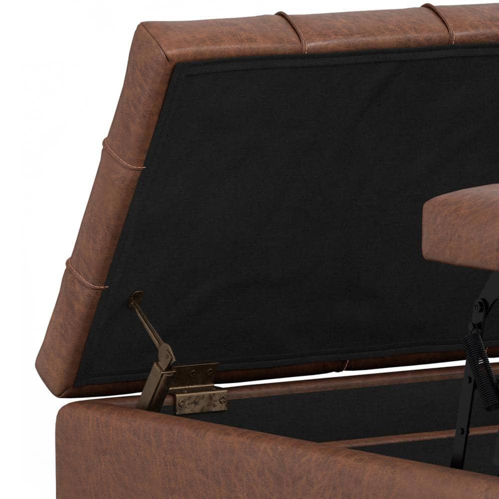 Simpli Home Laura 36 inch Wide Mid Century Square MidÂ CenturyÂ Lift TopÂ Storage Ottoman in Distressed Saddle Brown Vegan Faux Leather