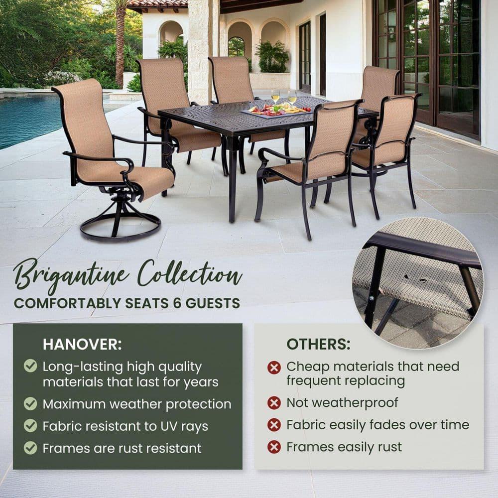 Hanover Brigantine Juego de Comedor Moderno para Exteriores de 7 Piezas / 4 Sillas con Cabestrillo, 2 Balancines Giratorios / Mesa con Tapa de 40'' x 70'' / Clima, Xido, Resistente a UV / Bronceado / BRIGDN7PCSW-2