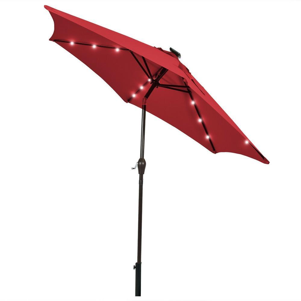 Kadyn Outdoor Patio Umbrella, Outdoor Market Table Umbrella, 9 Feet Solar LED Lighted Patio Market Umbrella Tilt Adjustment Crank Lift-Dark Red