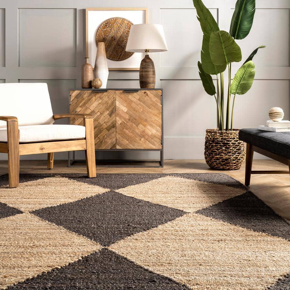 8'x10' Pandora Diamond Jute Area Rug Tan/Black - nuLOOM: Geometric Flat Pile, Handmade, Indoor, Rectangle