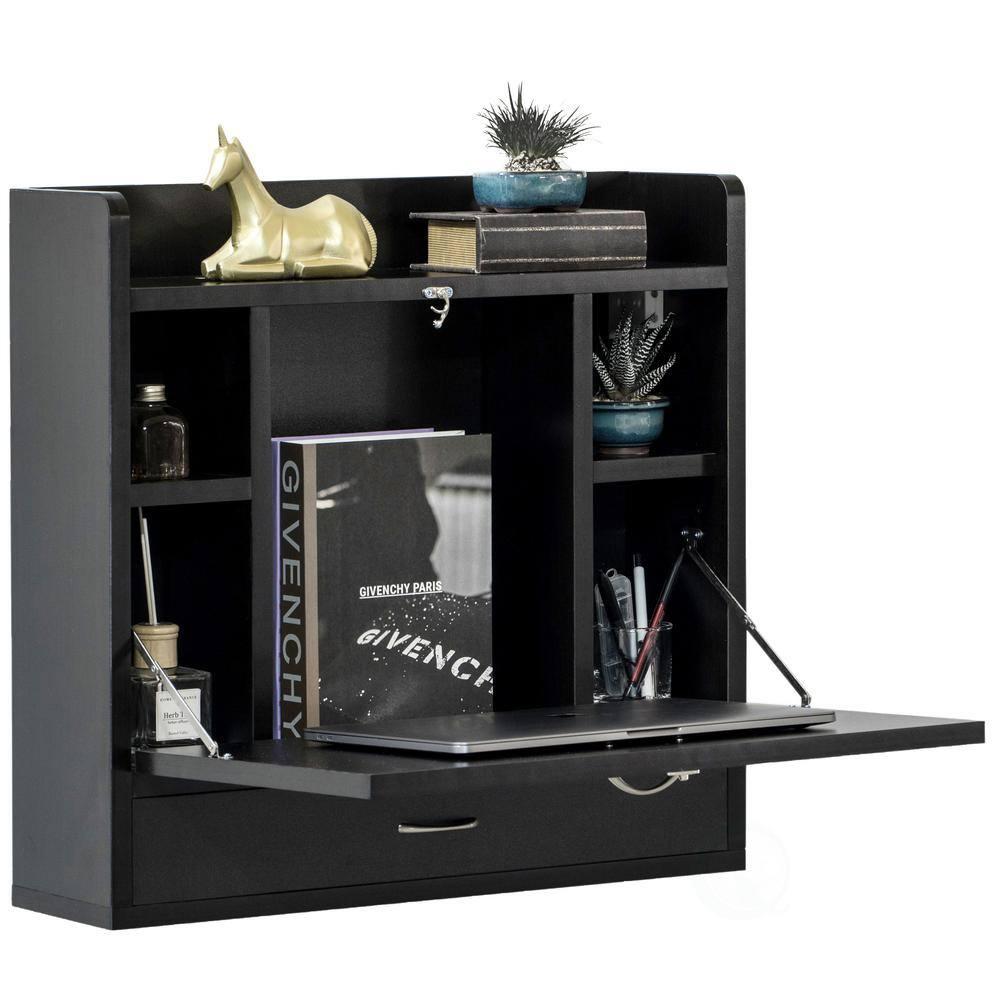 Basicwise Wall Mount Folding Laptop Writing Computer or Makeup Desk with Storage Shelves and Drawer, Black