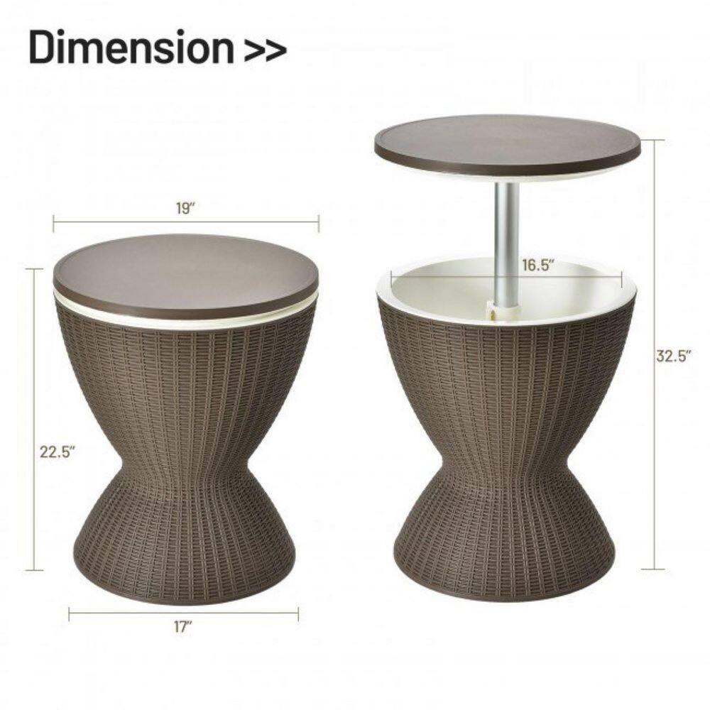 Demifill 3 In 1 8 Gallon Patio Rattan Cooler Bar Table with Adjust Ice Bucket, Outdoor Ice Cooler with Exquisite Wicker Outlook, Versatile Ice Cooler for Outdoor as Patio, Poolside, Brown