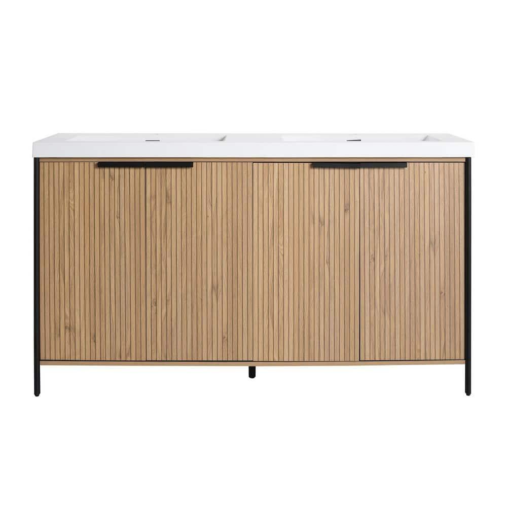 SSLine 60" Bathroom Vanity with Double Sink Mid-Century Modern Bathroom Sink Cabinet Freestanding Bathroom Vanities with Double White Top Basin and Adjustable Storage Shelves, Natural Brown Stripe