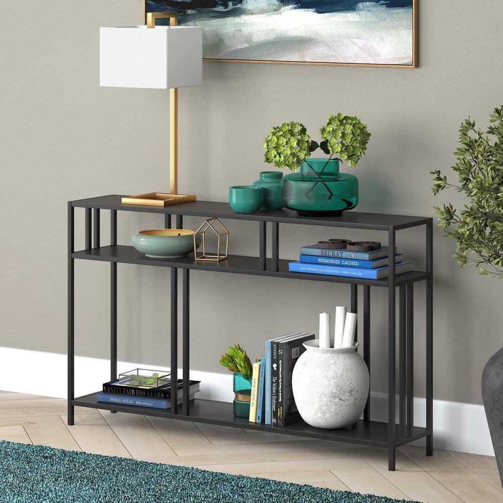 Evelyn&Zoe Cortland 48" Wide Rectangular Console Table with Metal Shelves, Blackened Bronze