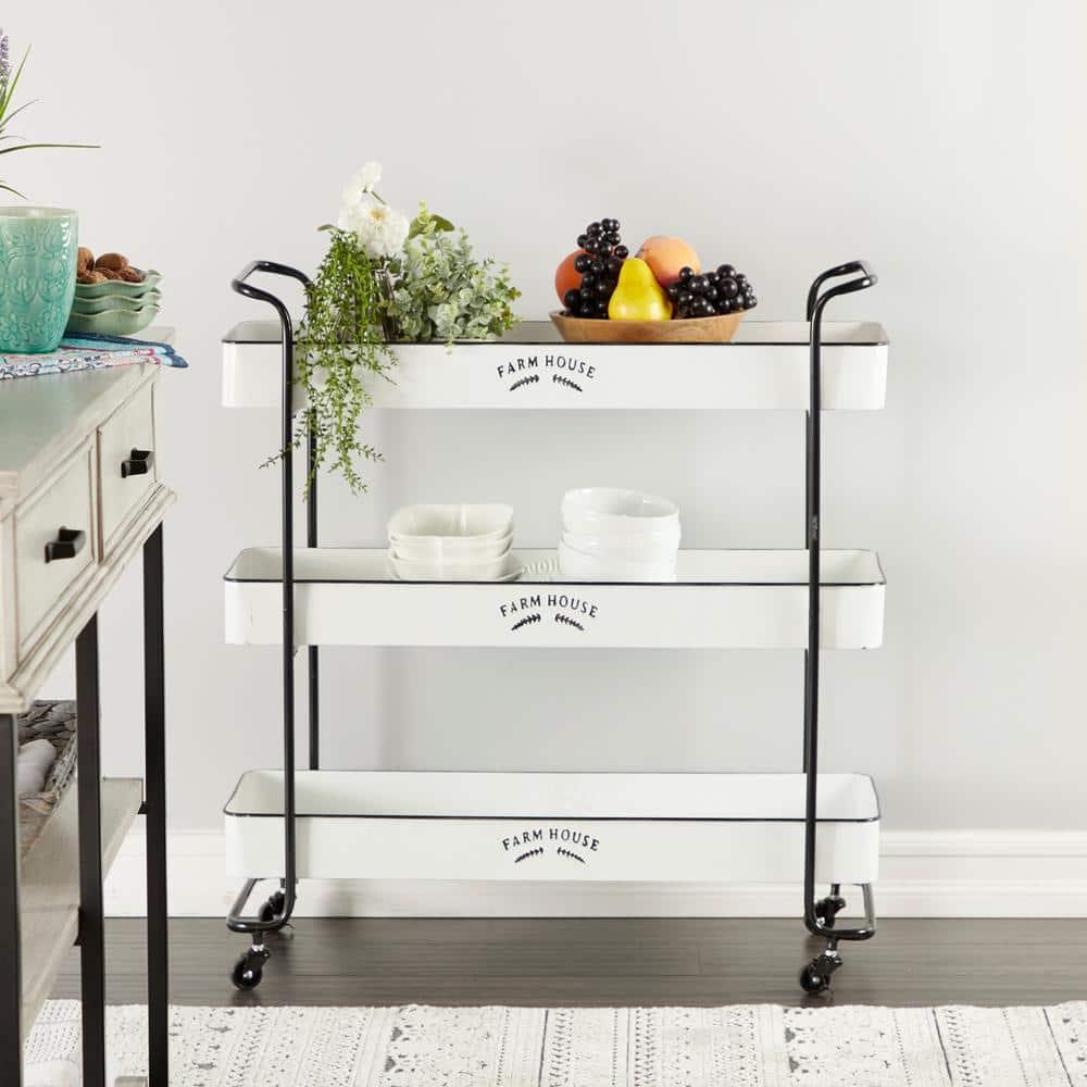 DecMode 32" x 35" White Metal Kitchen Rolling 3 Shelves Bar Cart with Black Accents and Farm House Design, 1-Piece