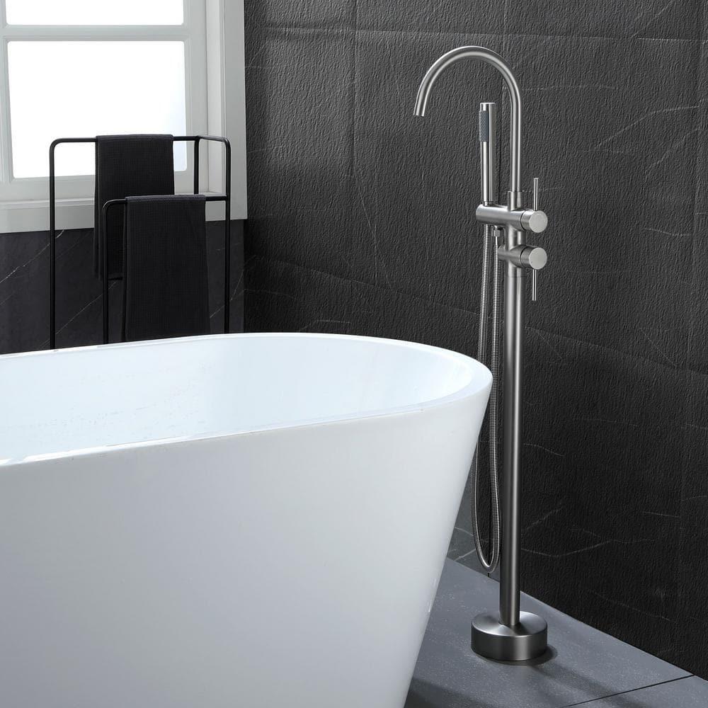 Double Handle Floor Mounted Freestanding Tub Filler With Handshower
