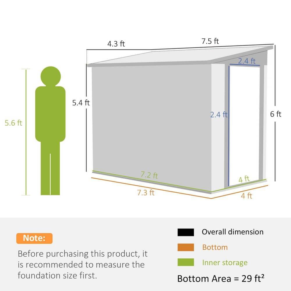 Outsunny 4' x 7.7' Metal Outdoor Storage Shed, Lean to Storage Shed, Garden Tool Storage House with Lockable Door and 2 Air Vents for Backyard, Patio, Lawn