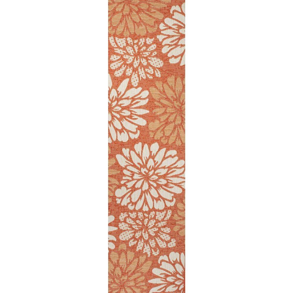 2' x 10' Zinnia Modern Floral Textured Weave Indoor/Outdoor Runner Rug, Orange/Cream - JONATHAN Y