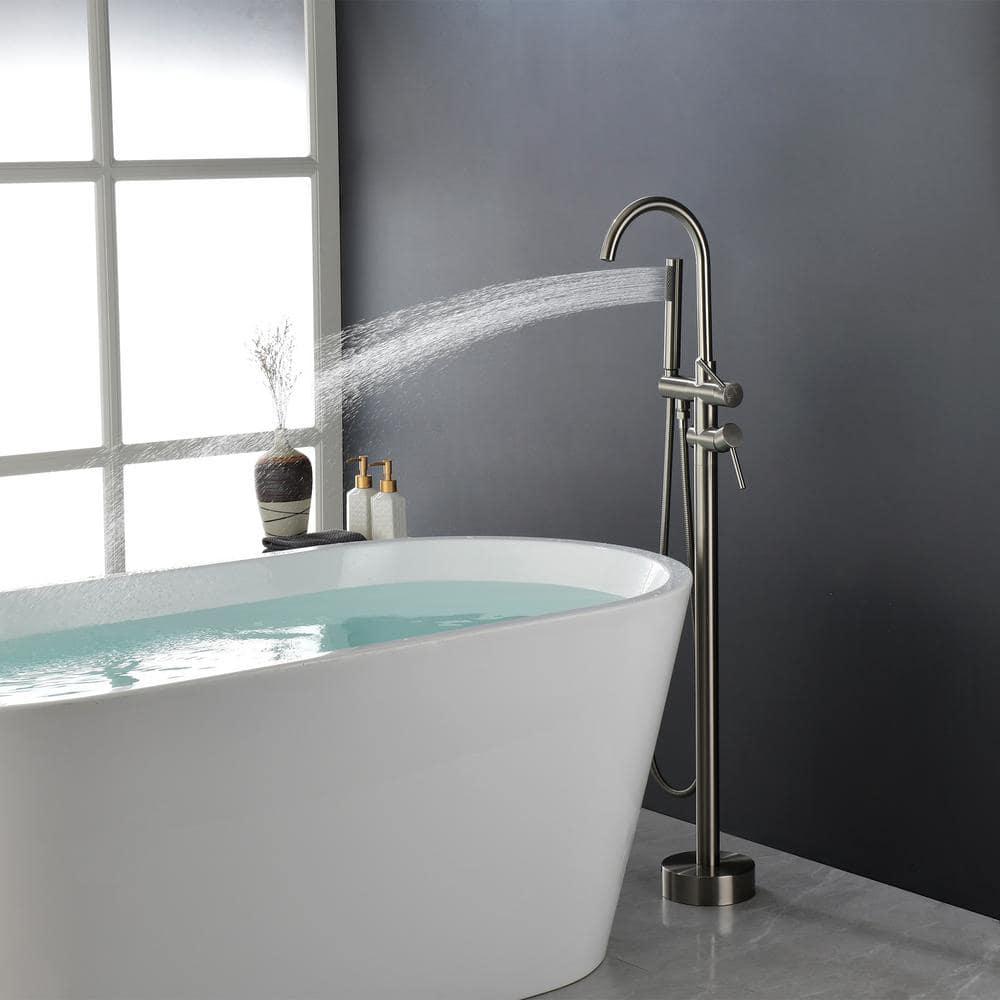 Double Handle Floor Mounted Freestanding Tub Filler With Handshower