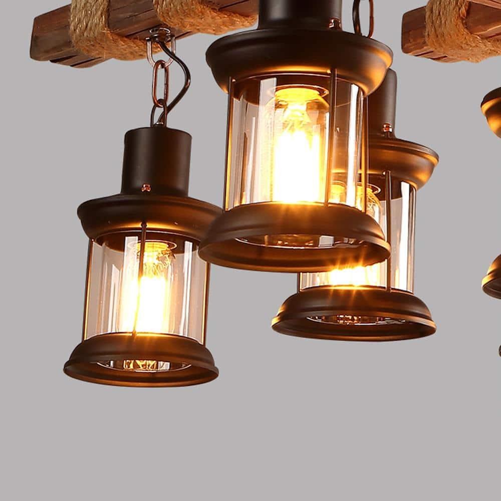 Rongfun 8-Light Rustic Country Chandelier Wood Pendant Lamp Industrial Ceiling Fixture