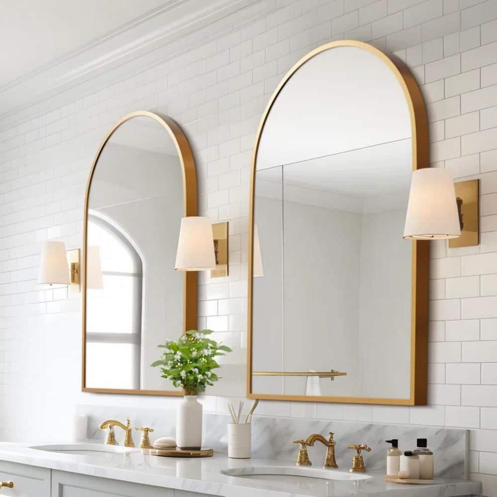 Dovelina Modern Metal Arched Wall Mirror Bathroom Vanity Mirror (Set of 2) - 24" x 36",Gold