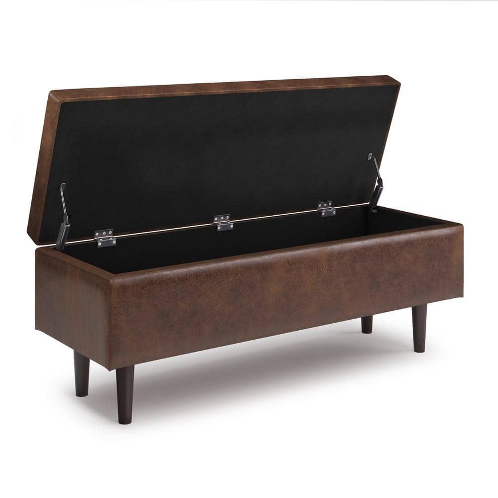 Simpli Home Shay 48 in.W Modern Storage Ottoman in Distressed Chestnut Brown Faux Leather