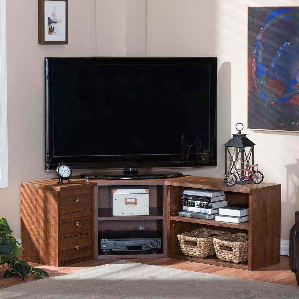 Baxton Studio Commodore TV Stand for TVs up to 55" Brown: Mid-Century Modern Entertainment Center, Media Console