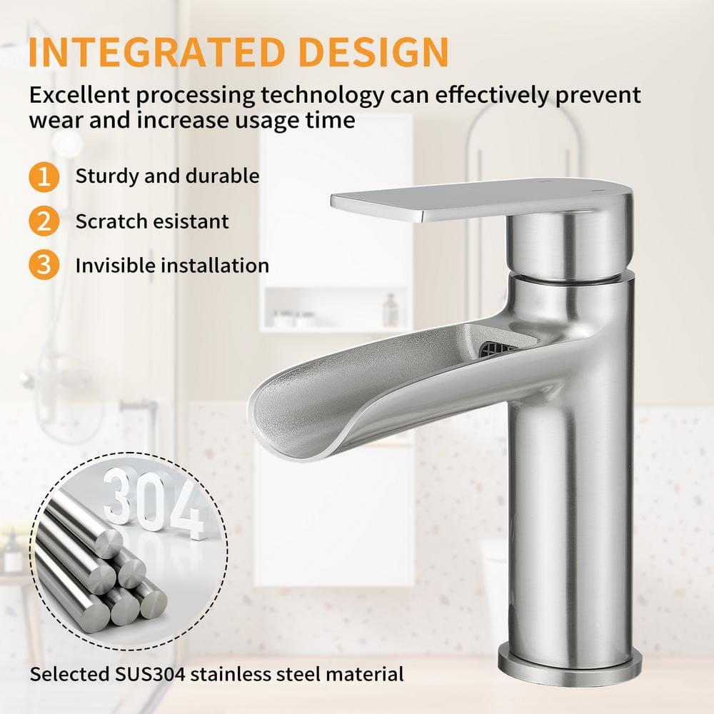 BWE Bathroom Faucets Waterfall Bathroom Faucet with Pop Up Drain for Bathroom Sink Single Hole Farmhouse RV Bathroom Basin Faucet Brushed Nickel