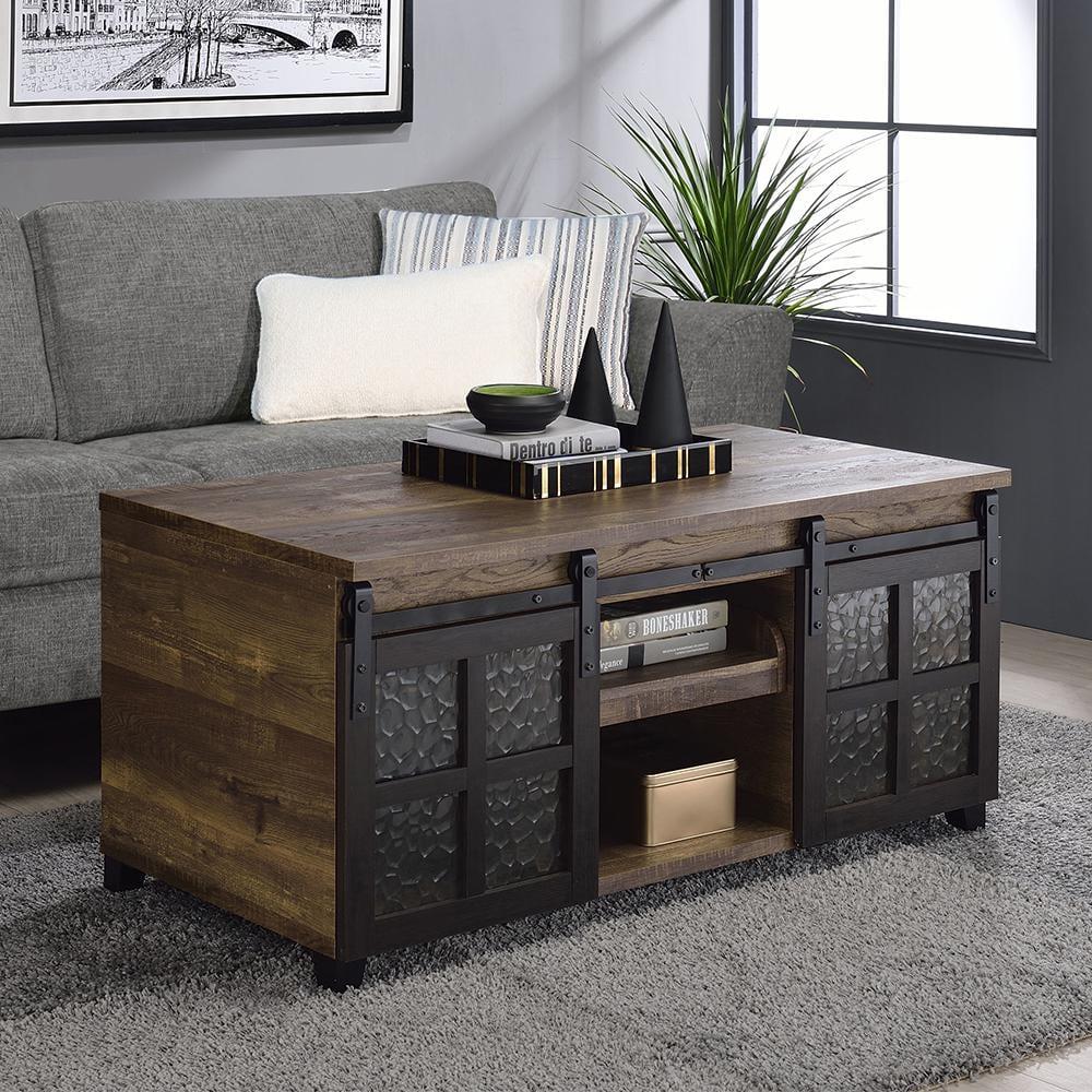 DremFaryoyo Nineel Coffee Table  Obscure Glass  Rustic Oak & Black Finish 87955