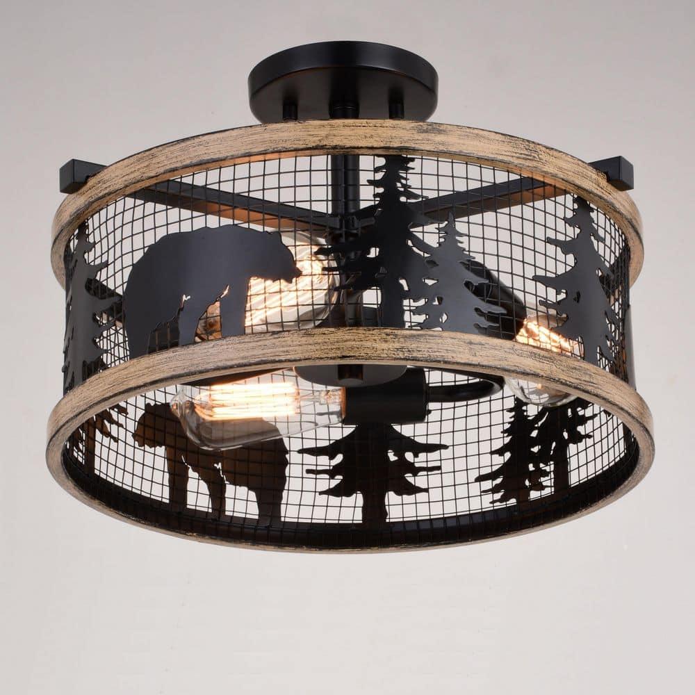 Kodiak 16-in W Black and Teak Rustic Semi Flush Mount Ceiling Light Bear and Tree Motif