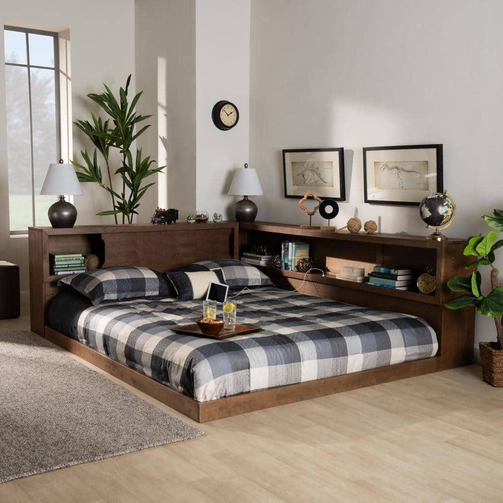Queen Erie Platform Storage Bed with Built-In Outlet Walnut - Baxton Studio