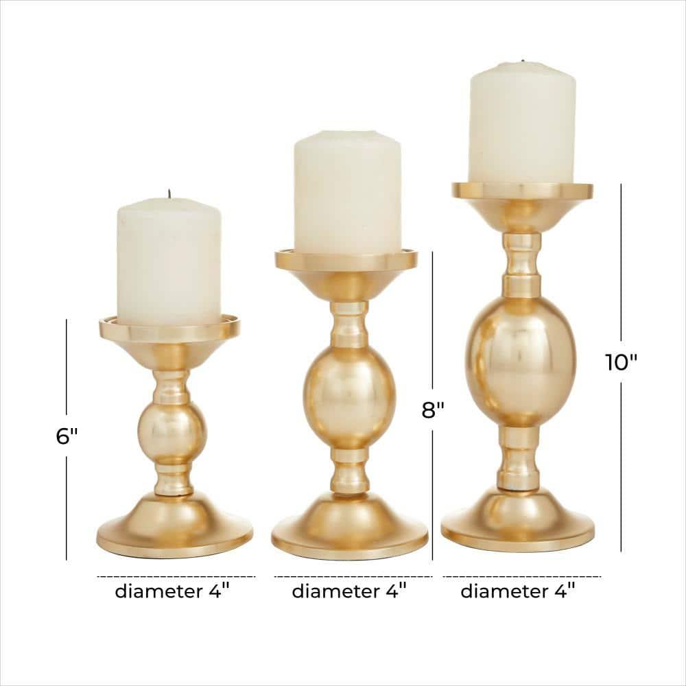 Deco 79 Aluminum Metal Decorative Candle Holder Pillar Candle Stand, Set of 3 Candlestick Holder 10", 8", 6"H, Gold