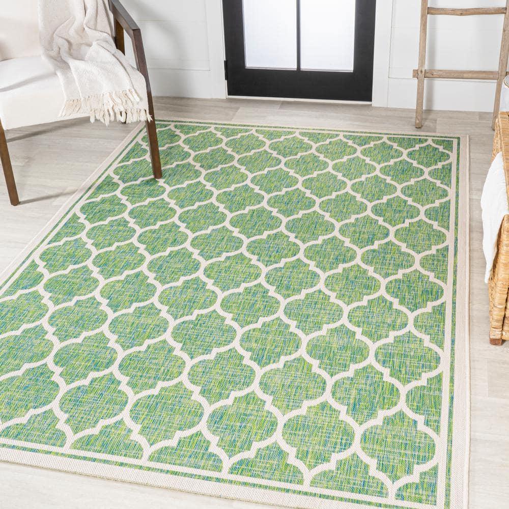 3' x 5' Trebol Moroccan Trellis Textured Weave Indoor/Outdoor Area Rug, Cream/Green - JONATHAN Y