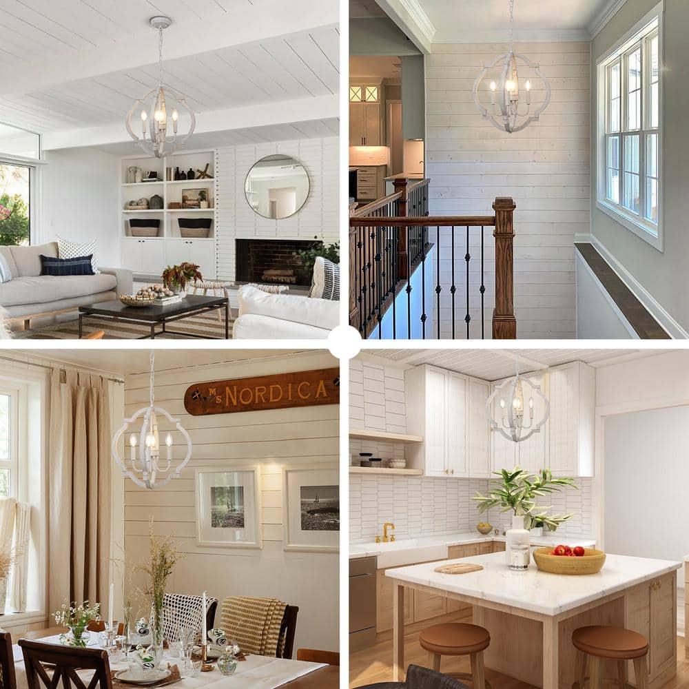 Farmhouse Chandelier Rustic Orb Chandeliers for Dining Room White Wooden Pendant Lighting 4 Light Small French Country Hanging Light Fixtures for Kitchen Island Living Room Bedroom Entryway