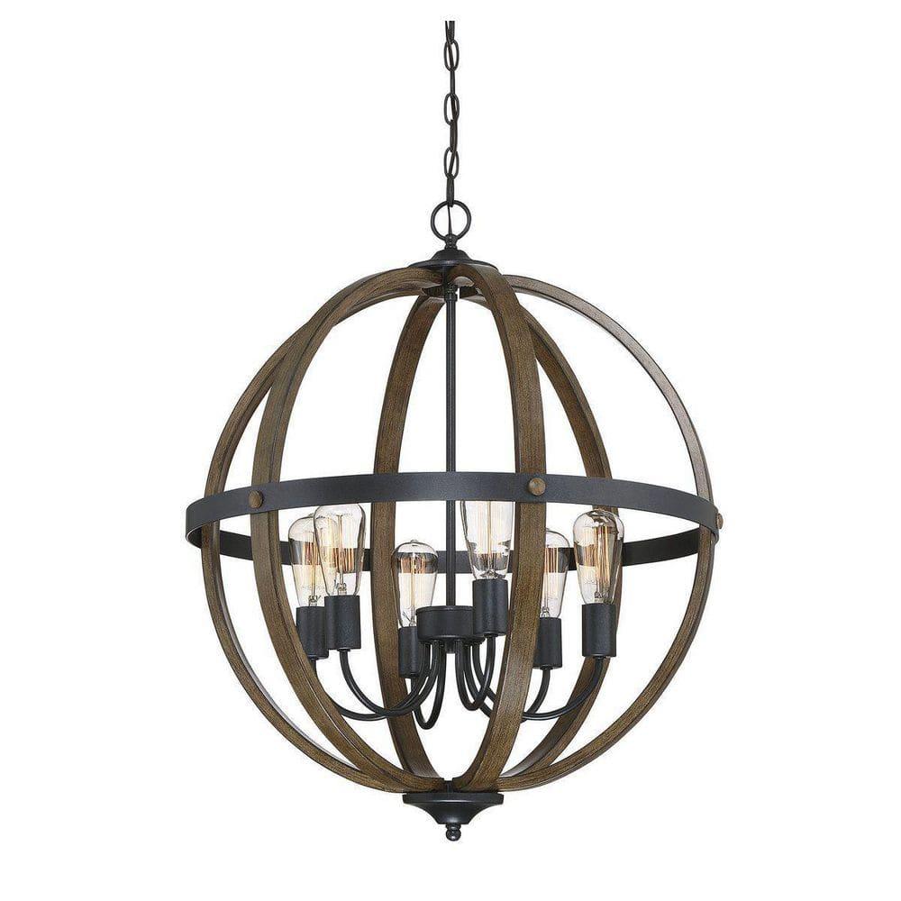 Farmhouse Wood & Black 6-Light Incandescent Pendant Chandelier